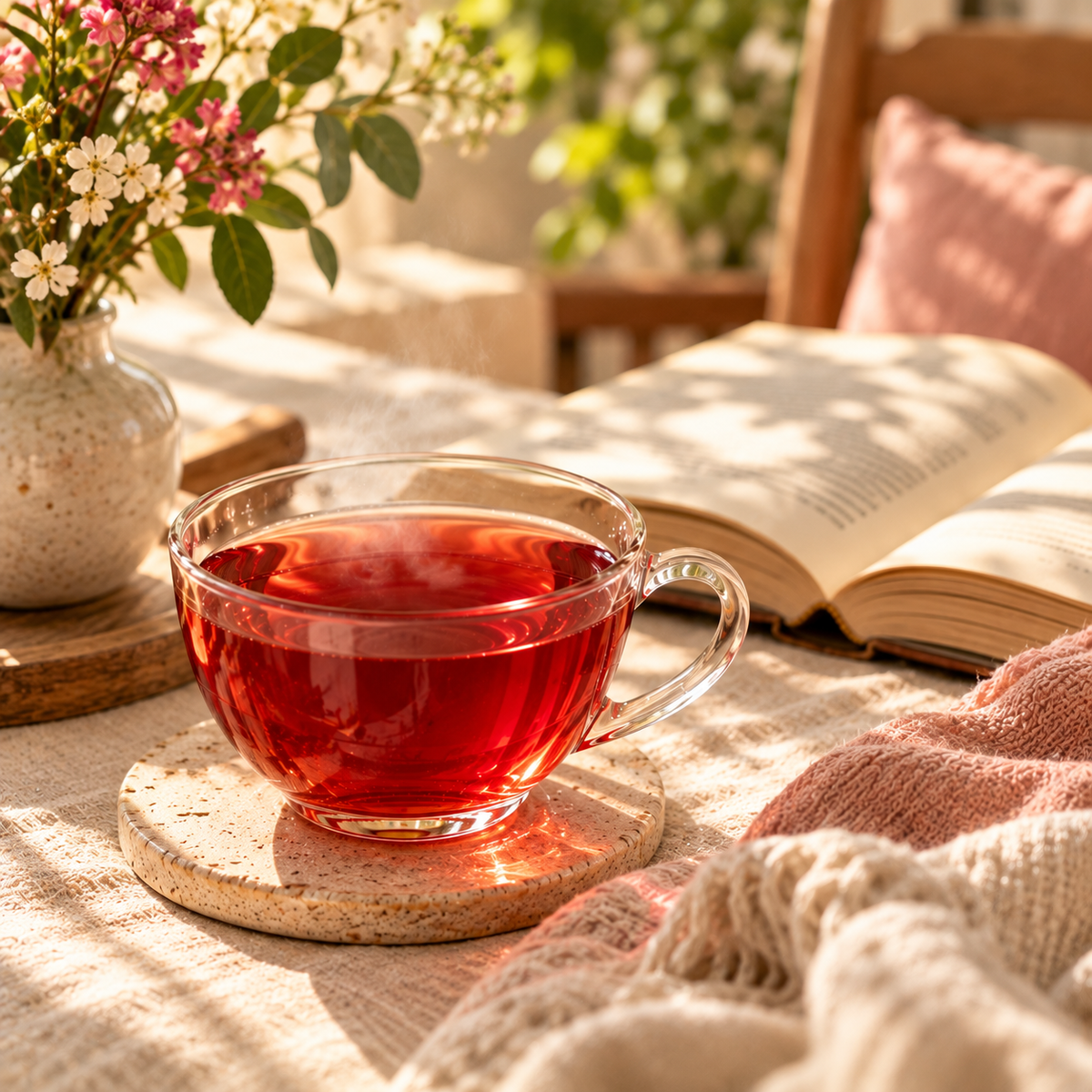 Filtered Wild Cherry Tea beside an open book for a peaceful afternoon tea ritual