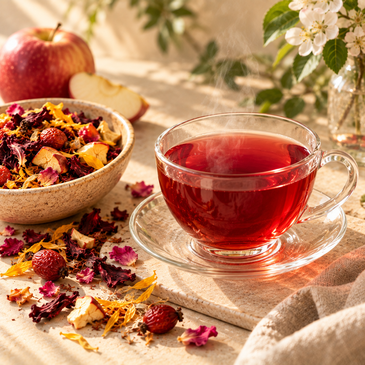 Filtered Wild Cherry Tea enjoyed as a warm and colourful morning tea ritual