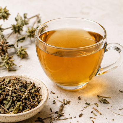 Prepared Wild Dagga (Leonotis leonurus) herbal infusion in a clear glass cup