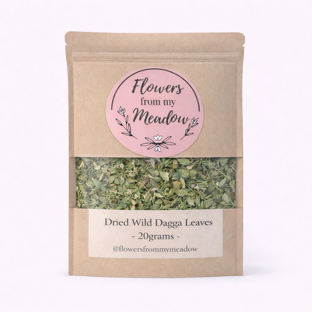 Package of dried wild dagga leaves with 'Flowers from my Meadow' label on a white background