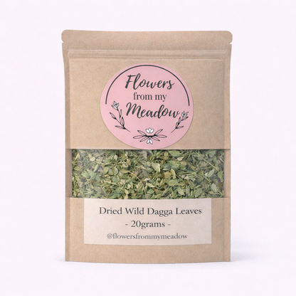 Package of dried wild dagga leaves with 'Flowers from my Meadow' label on a white background