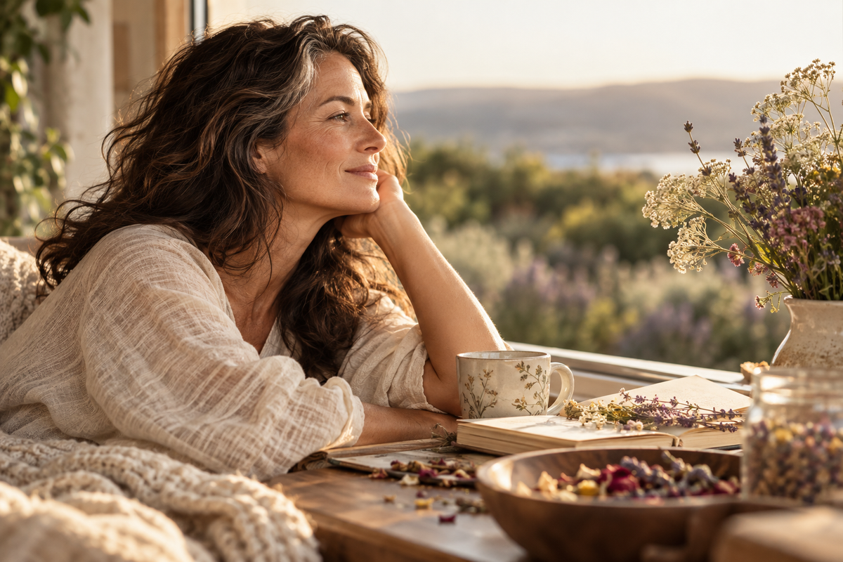 Woman in midlife enjoying a quiet botanical tea ritual for World Menopause Day