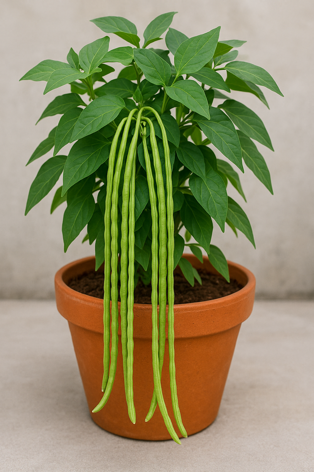 Potted plant with yard long beans on a neutral background