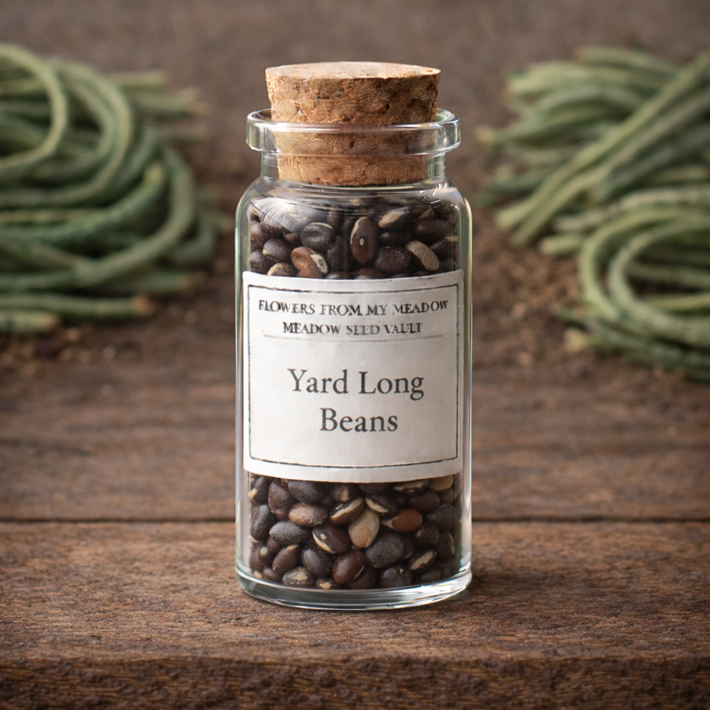 Glass jar with cork lid containing yard long bean seeds on a wooden surface.