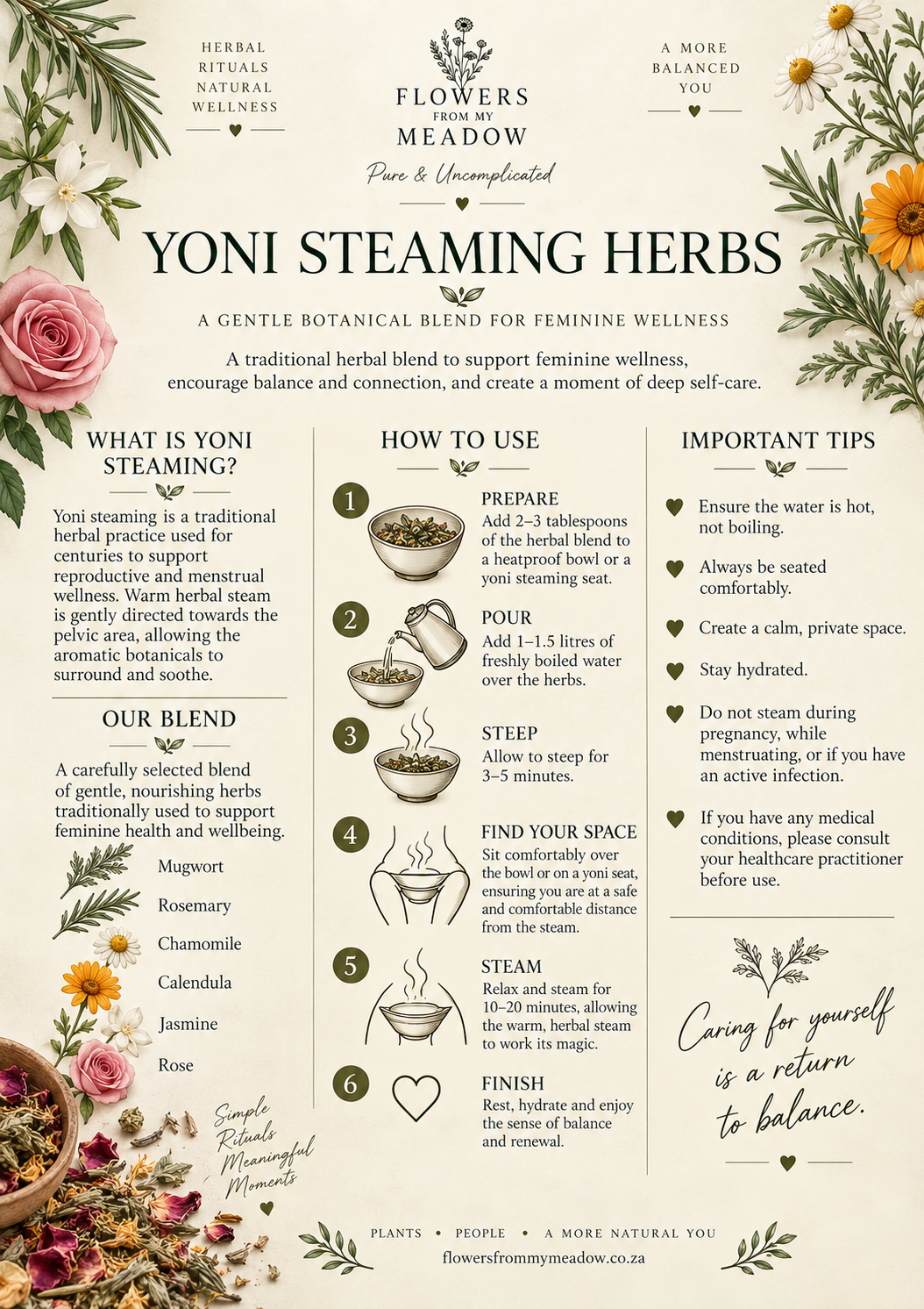 Flowers from my Meadow Yoni Steaming Herbs botanical guide with Mugwort, Rosemary, Chamomile, Calendula, Jasmine and Rose, including preparation instructions, how to use and important safety tips.